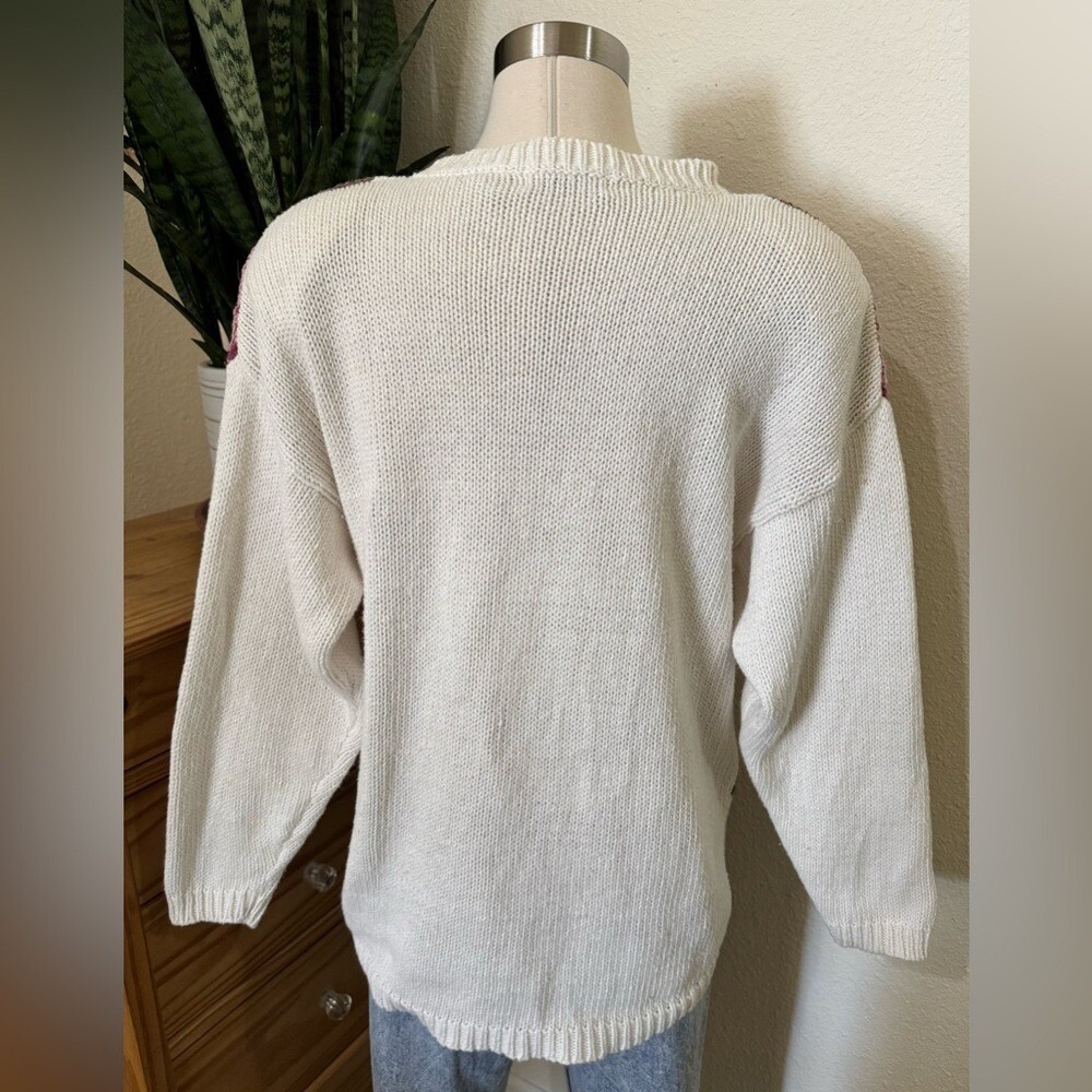 Vintage 80s Floral Chunky Knit Sweater Shoulder Pads Ramie Cotton Blend Large - Picture 4 of 8